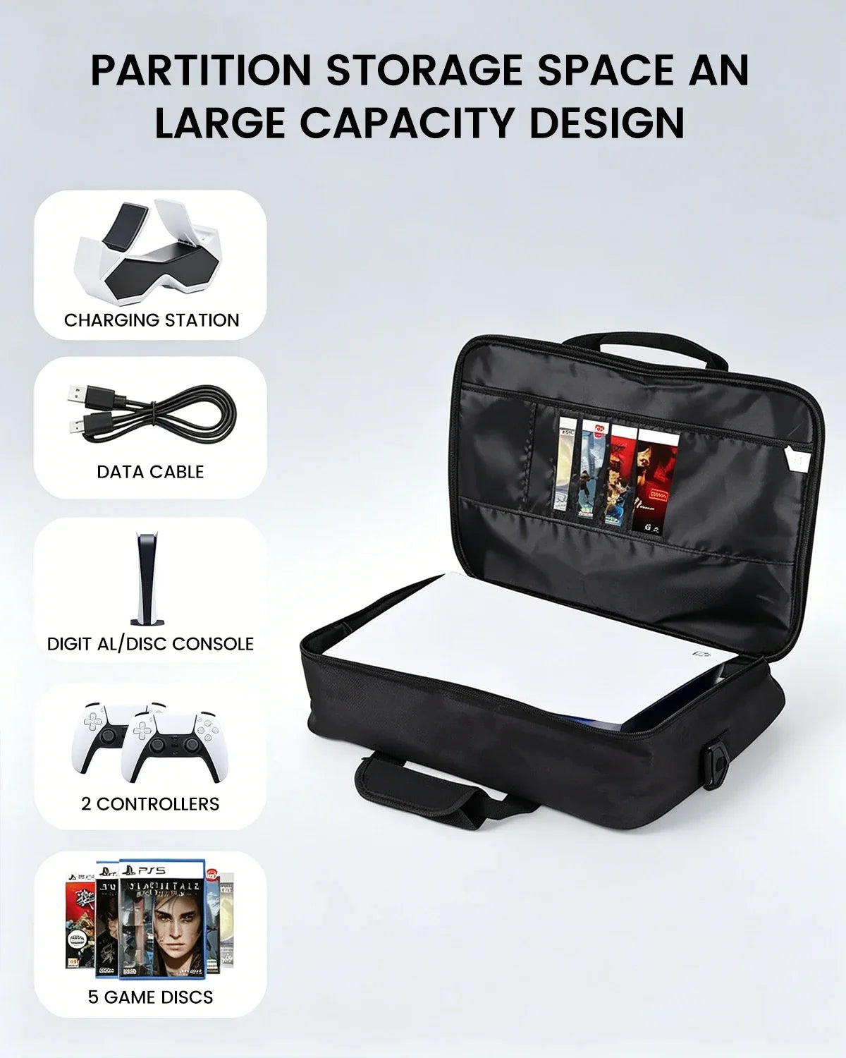 Estuche de viaje para consola de juegos PS5, funda protectora adecuada para la consola PS5 Edición Disc/Digital, controlador, tarjetas de juego y auriculares.