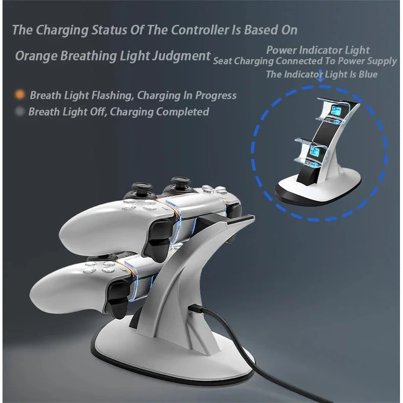 Cargador de Controles, Base de Carga para Controles de PS5 con Indicador LED y Puertos USB-C Dobles, Blanco y Negro