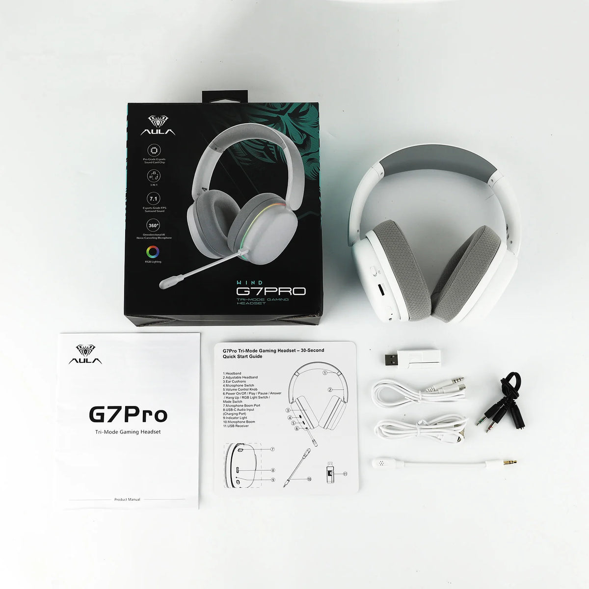 AULA G7 Pro auriculares inalámbricos para juegos con cable/Bluetooth/2,4 GHz sonido envolvente 7,1 con micrófono con cancelación de ruido para PS4/PS5/PC/Switch