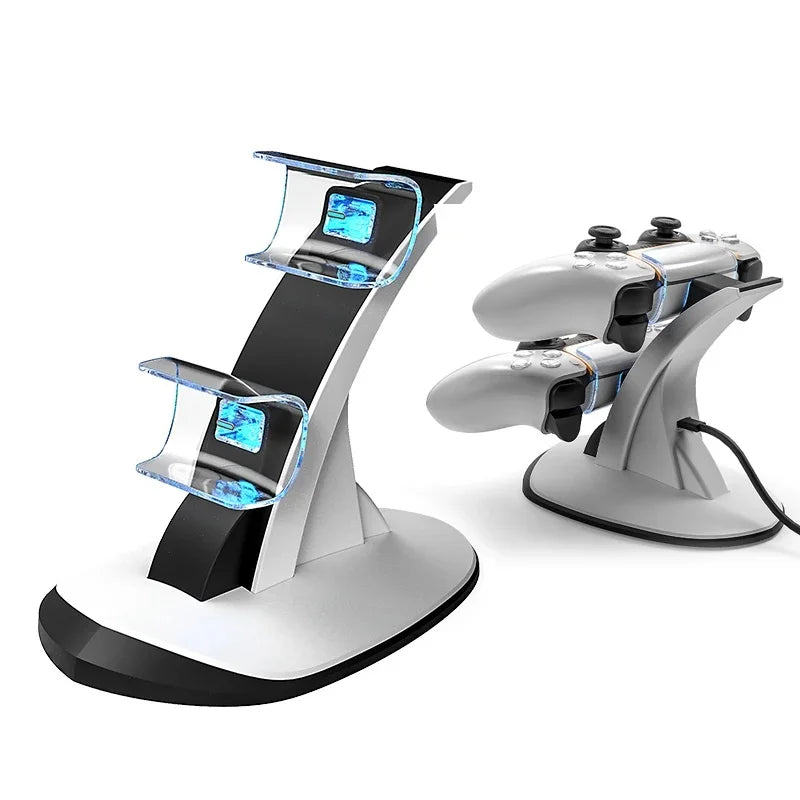 Cargador de Controles, Base de Carga para Controles de PS5 con Indicador LED y Puertos USB-C Dobles, Blanco y Negro