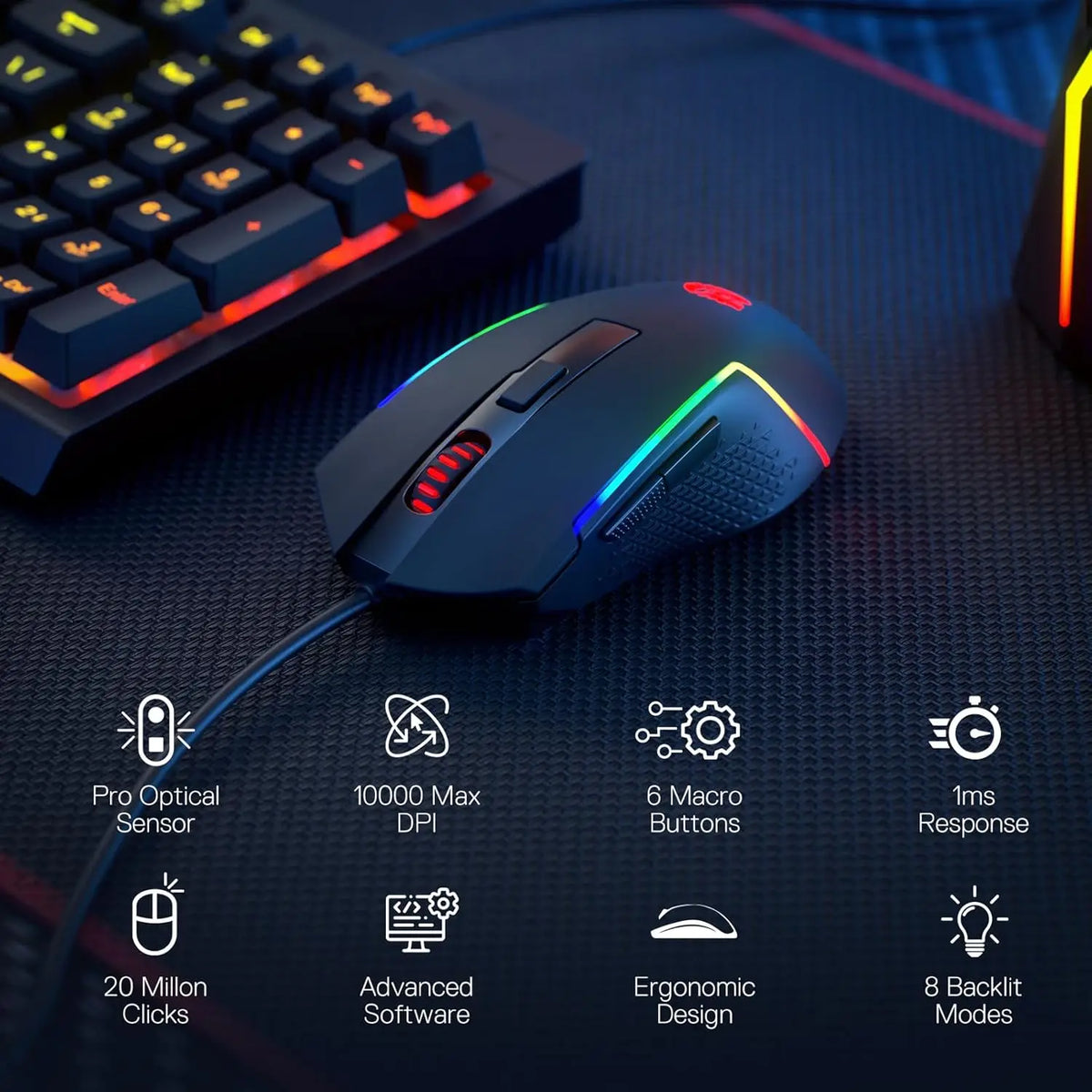 Combo de Teclado y Ratón para Juegos Redragon S141, Teclado RGB K515 con Cable, Ratón para Juegos M616 con Cable de 10000 DPI