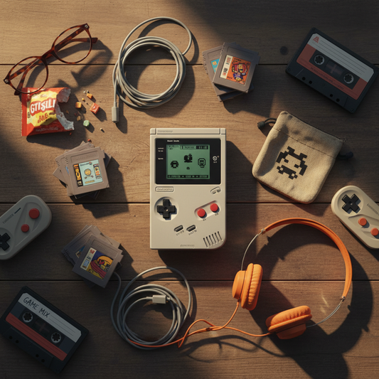 Consola Retro Portátil flat lay vintage