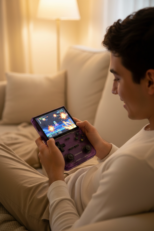 Persona jugando con la consola retro RG35III morada