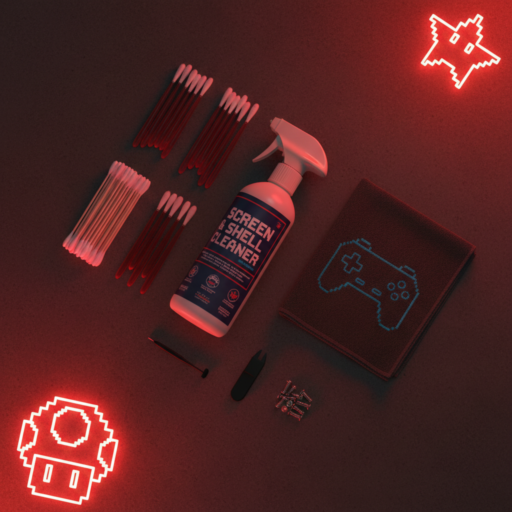 Kit de limpieza consolas retro flat lay